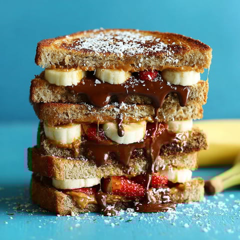 A stack of grilled banana sandwiches with chocolate and strawberries.