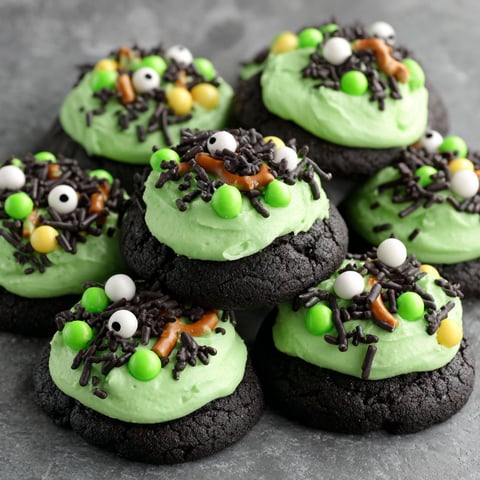 A plate of green and black cookies.