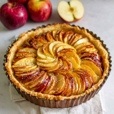 A caramel apple tart with a golden brown crust.