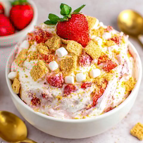 A bowl of strawberry cheesecake fluff salad.