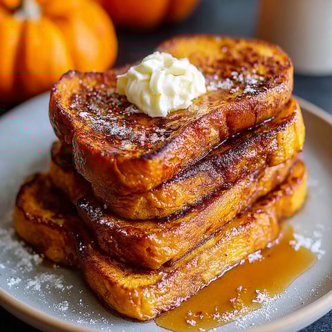 French toast with whipped cream and a pumpkin in the background.