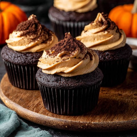 Three chocolate pumpkin cupcakes with frosting.