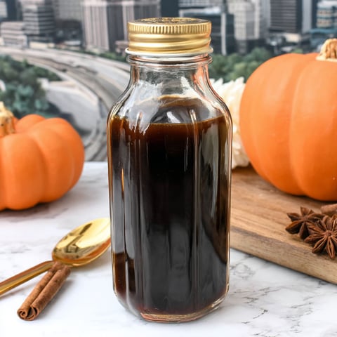 A bottle of Starbucks Pumpkin Spice Coffee Syrup.