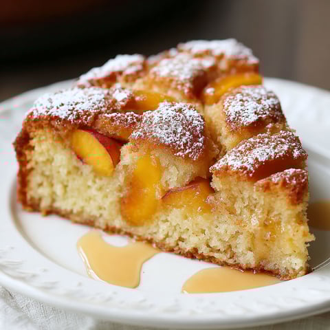 A slice of peach cake on a white plate.