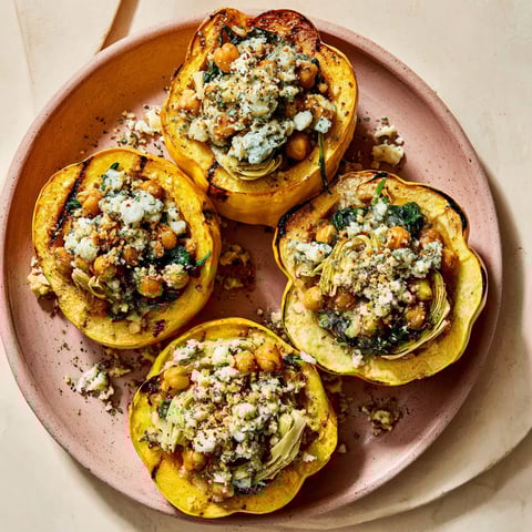 Roasted carnival squash with savory chickpea filling.
