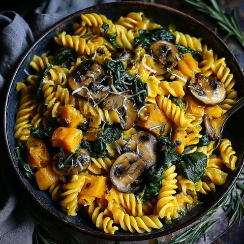 A bowl of pasta with mushrooms and spinach.