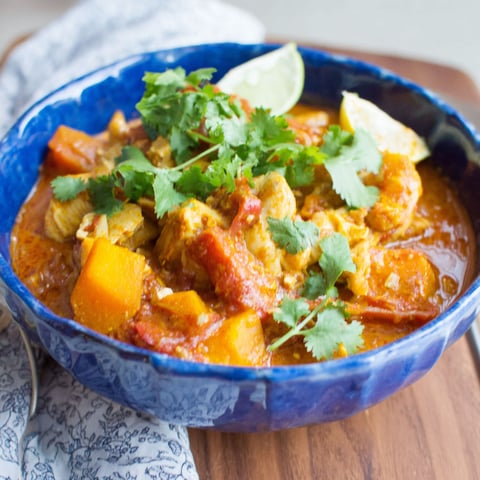 A bowl of chicken and butternut squash curry.