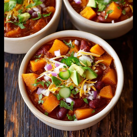 Three bowls of chili with butternut squash.