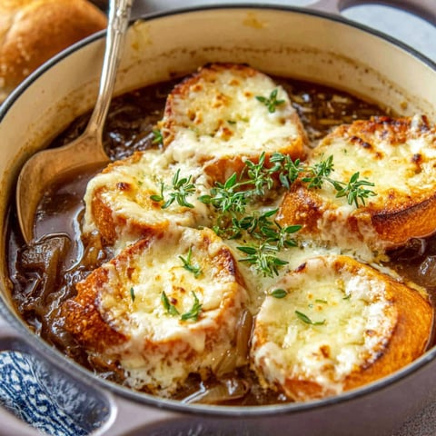 A bowl of French onion soup with bread.