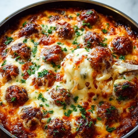 A close up of a meatball casserole.