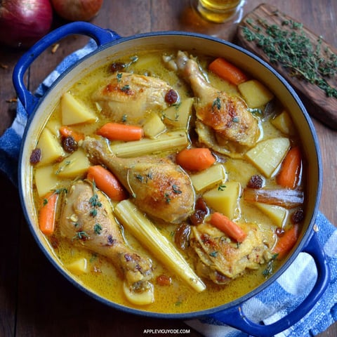A pot of chicken stew with carrots and parsnips.