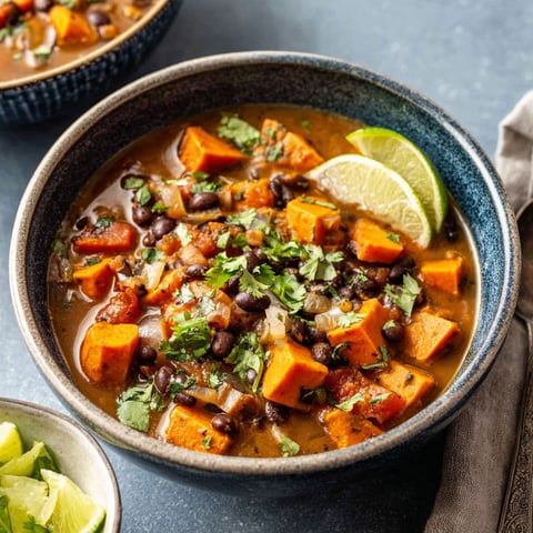 A bowl of soup with sweet potatoes and black beans.