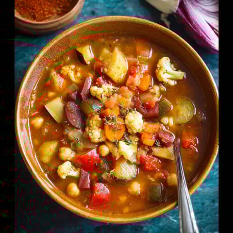 A bowl of soup with vegetables and spices.