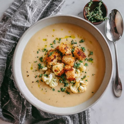A bowl of soup with cauliflower and herbs.