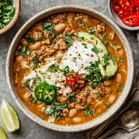 A bowl of turkey and white bean chili.