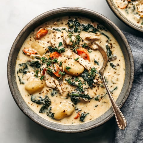 A bowl of soup with chicken and gnocchi.