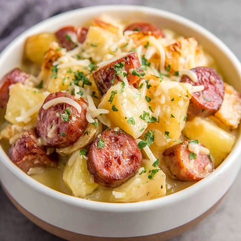 A bowl of food with sausage and potatoes.