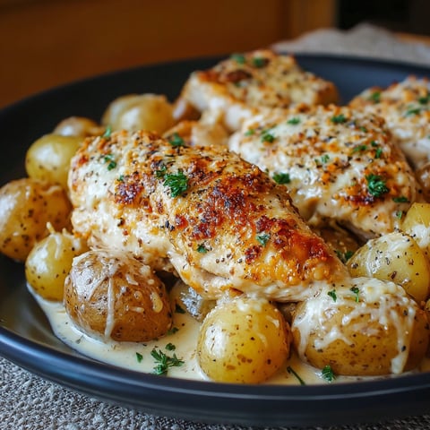 A plate of chicken and potatoes with a garlic and Parmesan sauce.