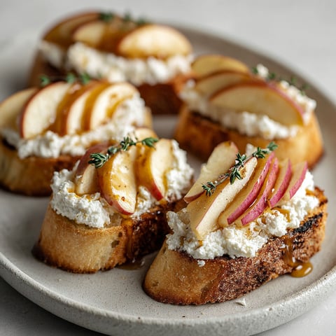 A plate of caramelized apple and ricotta crostini.