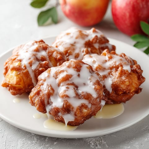 Glazed apple fritters on a plate.