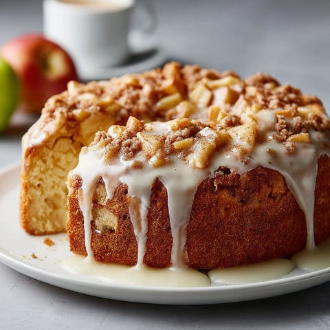 A slice of apple coffee cake with vanilla glaze.