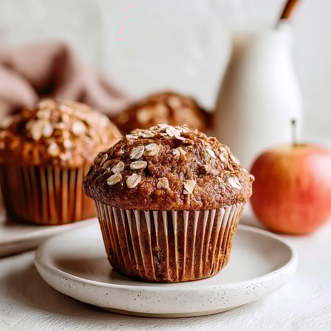 Two muffins with oatmeal and apple toppings.
