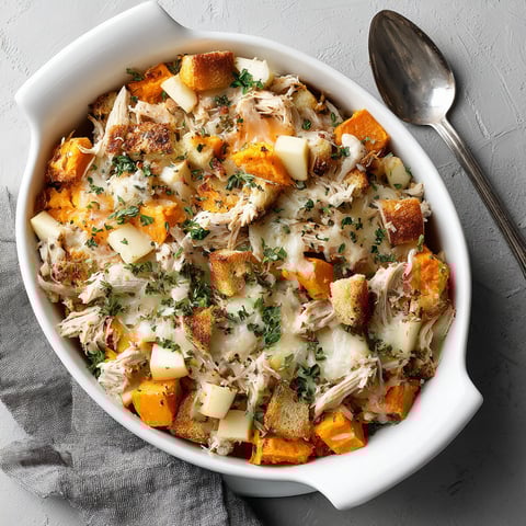 A white bowl filled with a sweet potato and apple casserole.