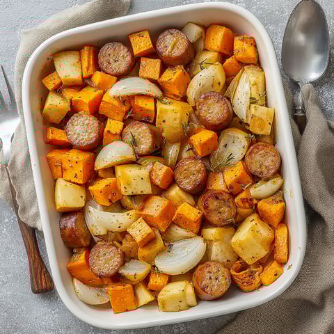 A dish of sweet potato, apple, and sausage bake.
