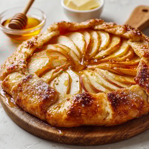 A galette with a golden crust and a filling of apples and honey.