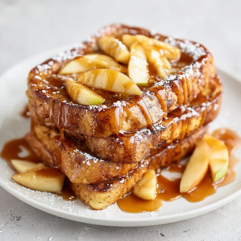A stack of French toast with apples and caramel.