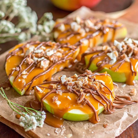 Caramel apple slices on a paper towel.