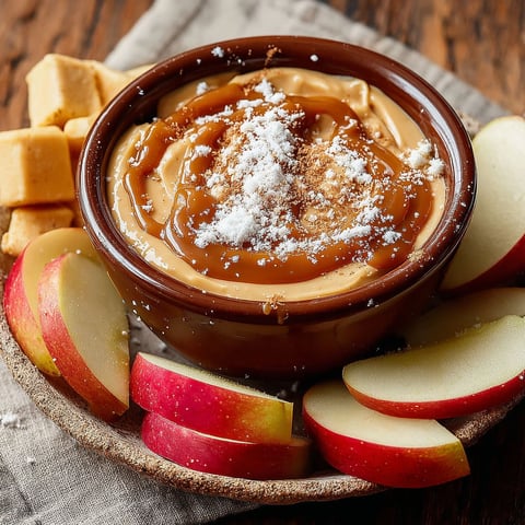 A bowl of caramel apple dip with a spoon in it.