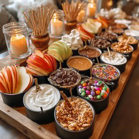 A wooden tray with a variety of food items on it.