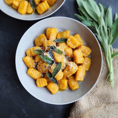 A bowl of pumpkin gnocchi with vegan sage butter.