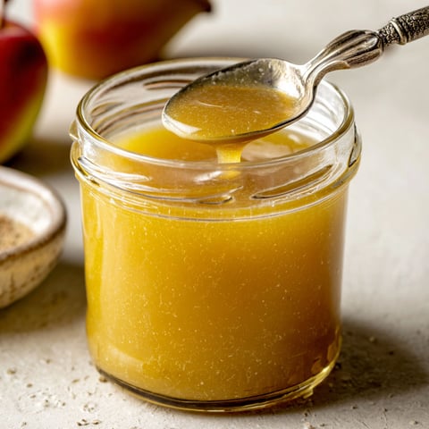 A jar of spiced pear and apple cider reduction dressing.