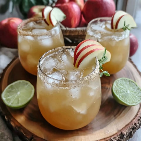 Three glasses of apple cider margarita on a wooden tray.