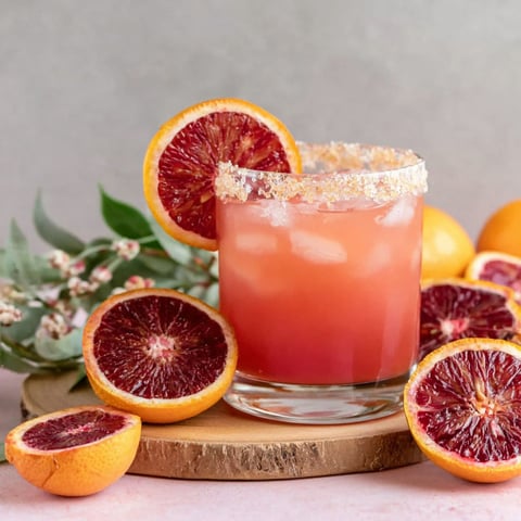 A glass of blood orange apple cider margarita with orange slices around it.