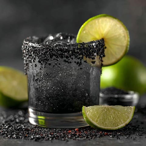 A glass of black margarita with lime slices.
