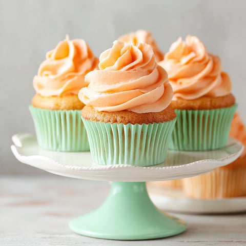 Three cupcakes with peach purée buttercream on a green plate.