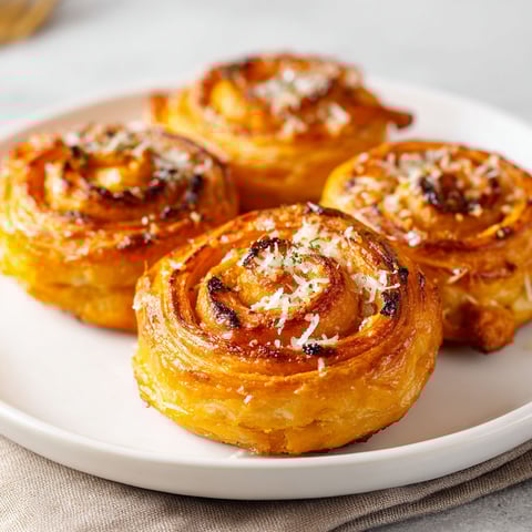 A plate of pumpkin puff pastry pinwheels.
