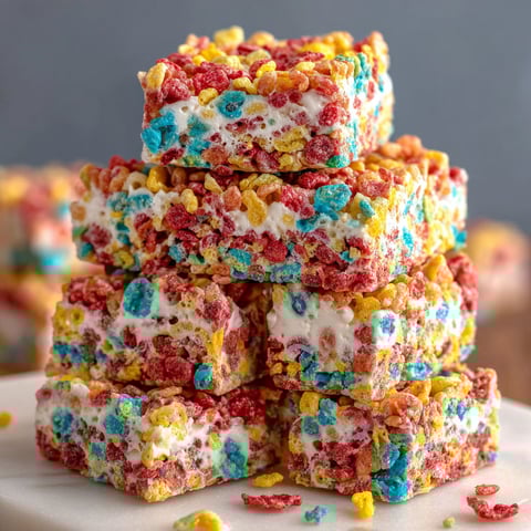 A stack of Fruity Pebbles Marshmallow Treats.