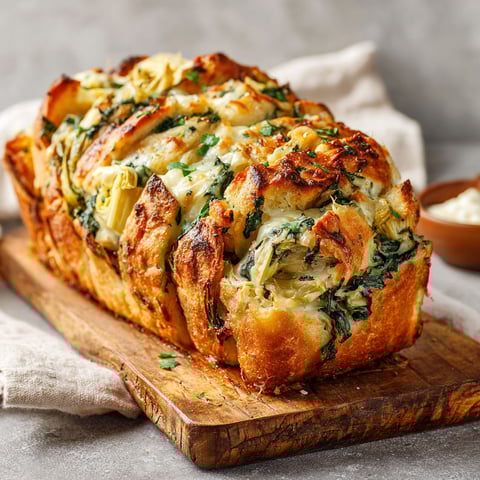 A loaf of vegan spinach and artichoke bread.