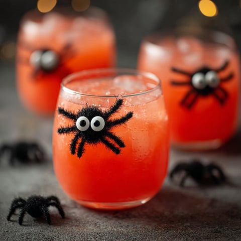 A glass of red liquid with a spider in it.