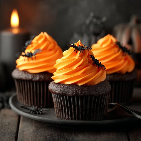 Two Halloween chocolate cupcakes with orange buttercream.