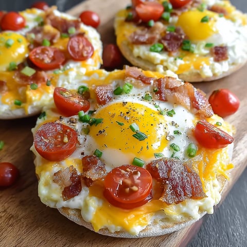 A breakfast pizza with eggs, tomatoes, and bacon.