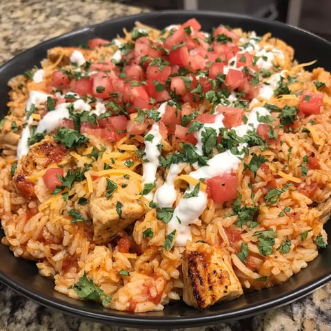 A bowl of rice with chicken and tomatoes.