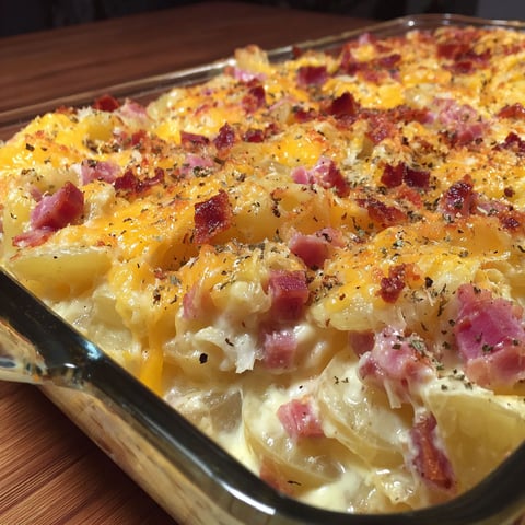 A cheesy ham potato casserole in a glass dish.