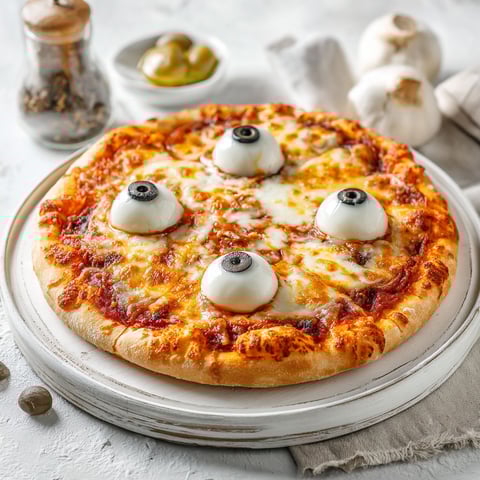 A pizza with monster eyeball toppings.