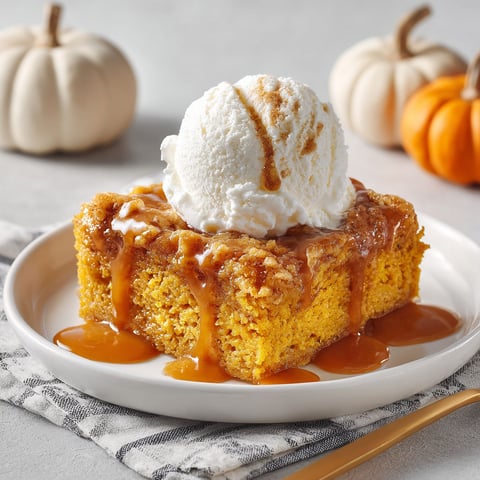 A slice of pumpkin dump cake with a scoop of ice cream on top.