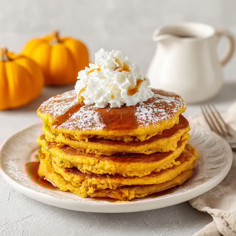Fluffy pumpkin pancakes with whipped cream.